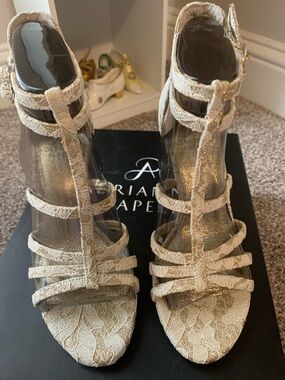 Adrianna Papell Ivory Lace Strappy T‑Bar Heels